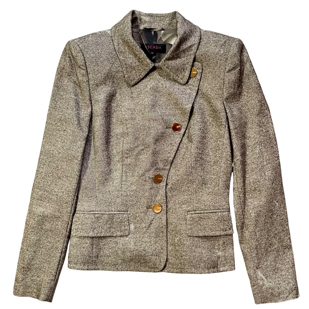 Escada Silk Wool Asymmetrical Blazer EU 36 Gold Button Taupe